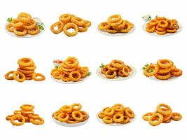 Fried onion ring collection isolated on white background with AI generated. photo