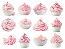 Pink whipped cream collection isolated on white background with AI generated. photo