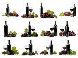 Red wine bottle with wine grapes collection isolated on white background with AI generated. photo