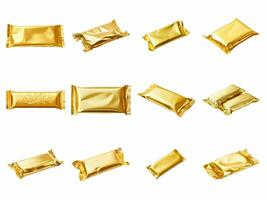 Golden candy wrapper collection isolated on white background with AI generated. photo