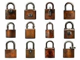 Rusty old padlock collection isolated on white background with AI generated. photo