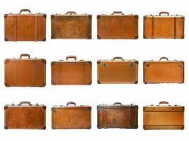 Old brown vintage suitcase collection isolated on white background with AI generated. photo