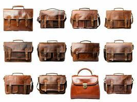 vintage brown leather bag collection isolated on white background with AI generated. photo