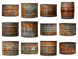 Rusty old metal barrel isolated on white background with AI generated. photo