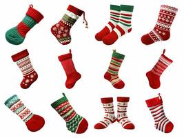 Navidad calcetín decoración colección aislado en blanco antecedentes con ai generado. foto