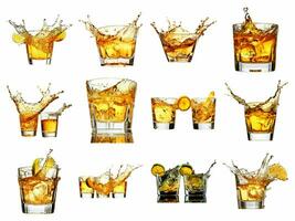 Shot glass tequila making with splash collection isolated on white background with AI generated. photo