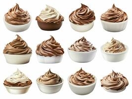 Chocolate whipped cream with splash collection isolated on white background with AI generated. photo