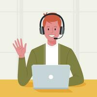 Friendly male customer service representative with a headset working on a laptop in a bright office environment vector