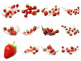 Falling strawberries collection isolated on white background with AI generated. photo