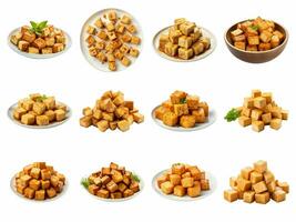 Marinated tofu cubed collection isolated on white background with AI generated. photo