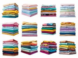 stack of colorful folded shirts collection isolated on white background with AI generated. photo