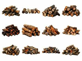 Fire logs collection isolated on white background with AI generated. photo