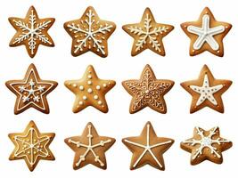 Gingerbread star cookies collection isolated on white background with AI generated. photo