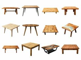 Modern wooden table collection isolated on white background with AI generated. photo