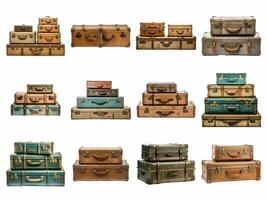 Old suitcase collection isolated on white background with AI generated. photo