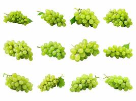 Green grape collection isolated on white background with AI generated. photo