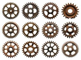 Rusty cog wheel collection isolated on white background with AI generated. photo