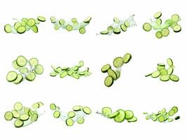 Falling cucumber slices collection isolated on white background with AI generated. photo