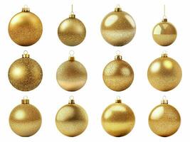 Gold glitter christmas ball collection isolated on white background with AI generated. photo