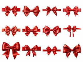 Red gift ribbon bow collection isolated on white background with AI generated. photo