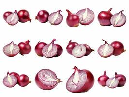 red onion slices collection isolated on white background with AI generated. photo