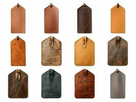 leather clothing label collection isolated on white background with AI generated. photo