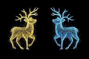 Two Magical Glowing Sparkling Golden And Blue Deer On Black Background vector