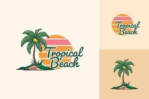 Tropical beach paradise summer travel vacation vector logo concept illustration with palm trees at sunset