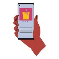 Vector mobile shopping concept. The girl's hand with a manicure holds a smartphone with an open application for online shopping. Add shirt to cart. Buying things from online stores.