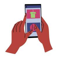 Vector mobile shopping concept. The girl's hand with a manicure holds a smartphone with an open application for online shopping. Add shirt to cart. Buying things from online stores.