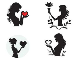 collection girl silhouette hands holding heart shape. Symbol of Love on valentine's day vector illustration