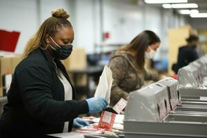 Election official helping with voting process. AI Generated photo