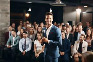 Confident businessman having a talk on corporate business with audience. AI Generated photo