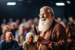 Confident businessman having a talk on corporate business with audience. AI Generated photo