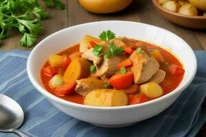AI generated chicken stew with tomatoes, onions, carrot and potatoes. Pro Photo