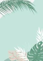 Minimalistic background in soft green colors with palm leaves. Multipurpose vector with abstract spots and free space. Background for invitation, postcard, banner.