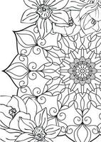 Outline of spring flowers on the background of a Mandala. Adult coloring book page. Circular pattern and daffodil flowers isolated on white background. vector