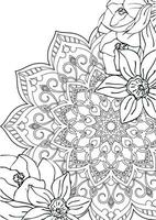 Anti-stress coloring book for adults. Circular drawing of mandala and daffodil flowers isolated on white background. Outline of spring flowers on circular abstract lace pattern. vector