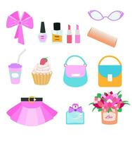 Set of cute girly things in bright colors. Collection of feminine accessories. vector