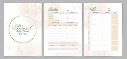 Cover and inside pages for personal budget planner. Delicate watercolor spots on white create an elegant look for the glider. Vector template for diaries, plans, checklists, notepads.