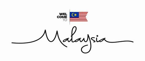 Welcome to Malaysia modern calligraphic text. handwritten with flag isolated on white background. Malaysian lettering style, script, line drawing, signature, calligraphy, monoline. Vector Illustration