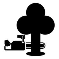 Chainsaw sawing board woodchopper concept lumberjack arborist cutting deforestation prunes sprinking icon black color vector illustration image flat style