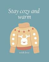 Stay cozy and warm wish with love. Blue background and yellow sweater. Congratulations in winter. Congratulations template with a cozy sweater vector