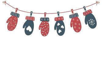 Christmas mittens are hanging on a rope. Garland of suspended mittens on a white background vector