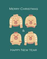 Merry Christmas and Happy New Year. Postcard on a green background with yellow warm sweaters vector