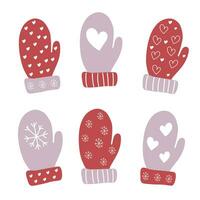 Red and purple mittens with a winter ornament in the style of Doodle and Minimalism vector