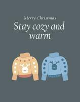 Two vintage sweaters on a blue background. Stay cozy and warm. Merry Christmas greetings. Congratulations template with a cozy sweater vector