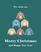 We wish you a merry Christmas and a Happy New Year. Christmas tree made of warm sweaters. Universal Christmas Card vector