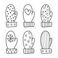 Set of Doodle-style mittens with a winter ornament for decoration, decor, coloring, pattern, postcards, banner vector