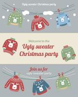 Ugly sweater party invitation. Christmas winter sweaters with different ridiculous design. Set of invitations and tickets vector